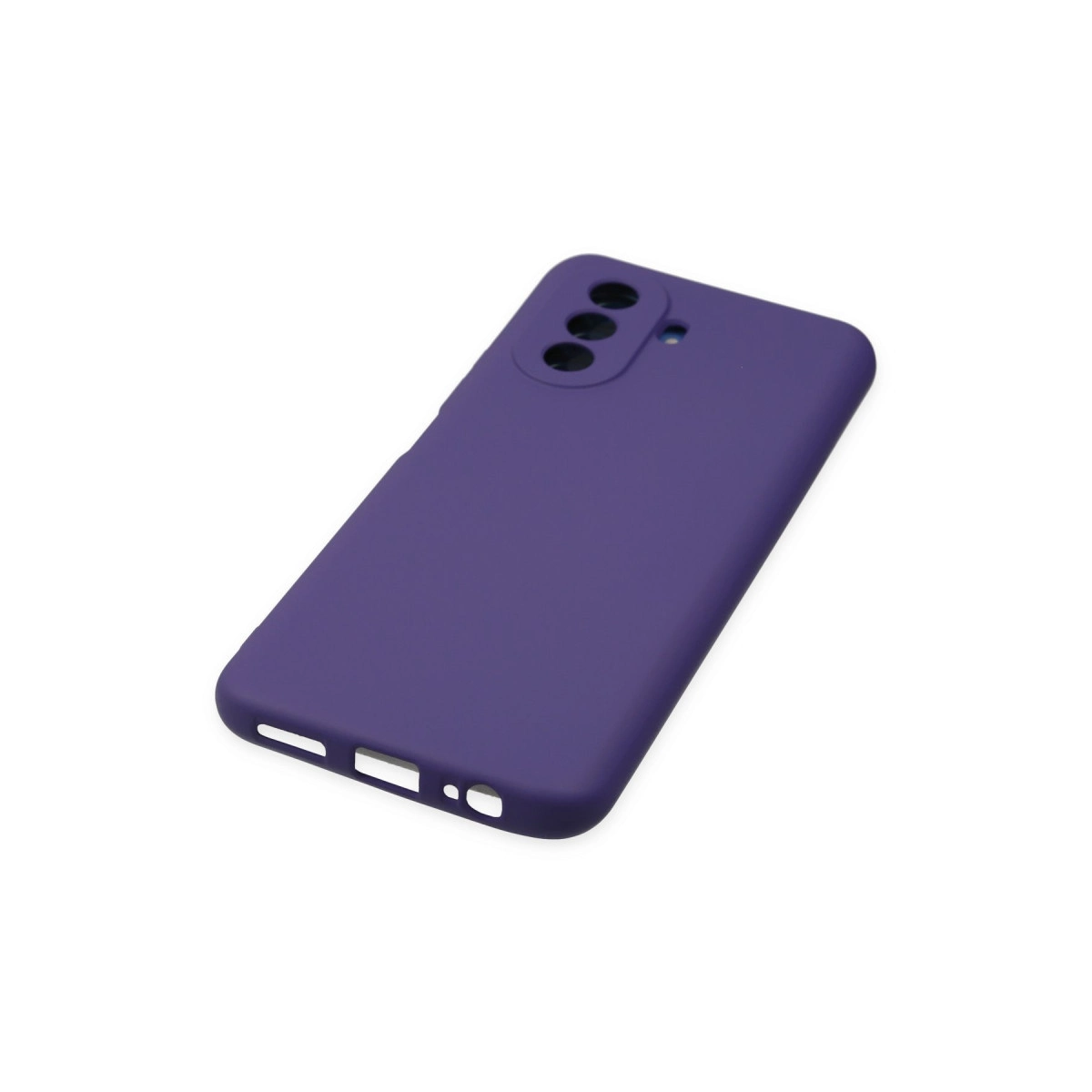 Üç kamera deliği ve bağlantı noktası kesikleri olan mor telefon kılıfı.