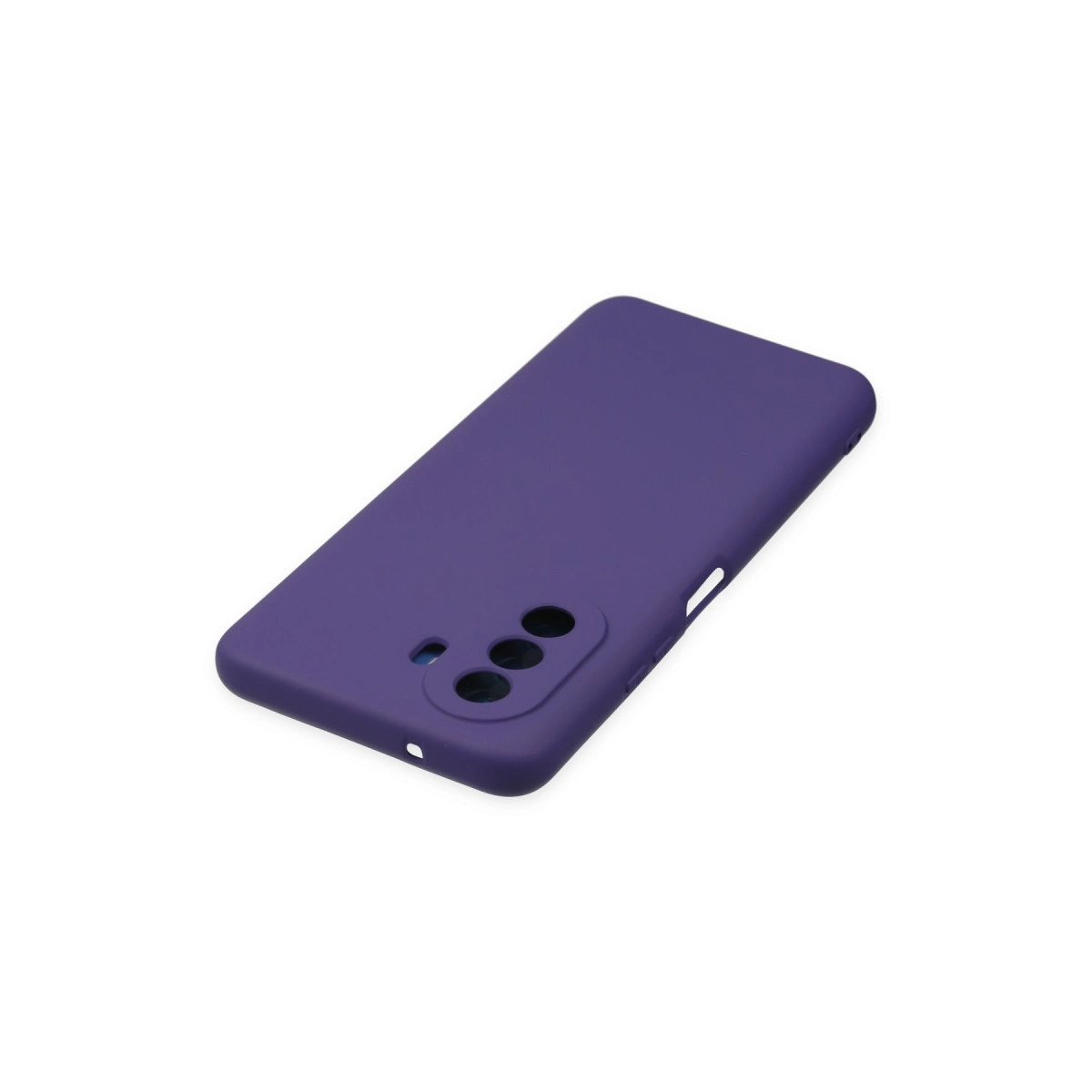 Beyaz arka plan üzerinde üç kamera deliği olan mor telefon kılıfı.