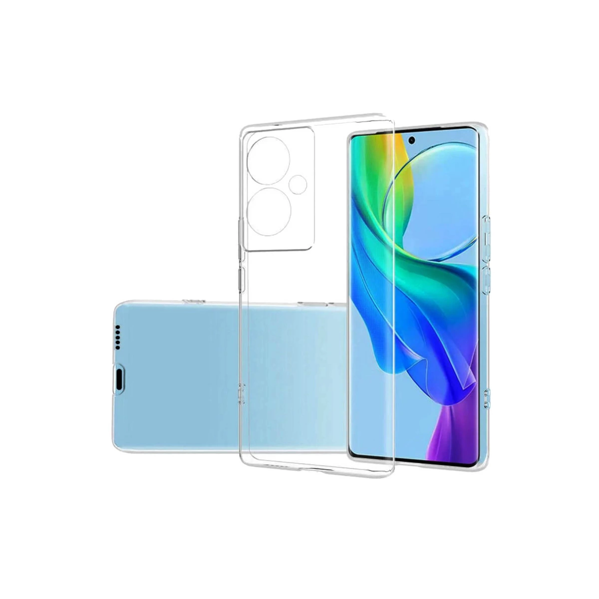 Renkli ekranlı mavi bir akıllı telefonu saran şeffaf telefon kılıfı.