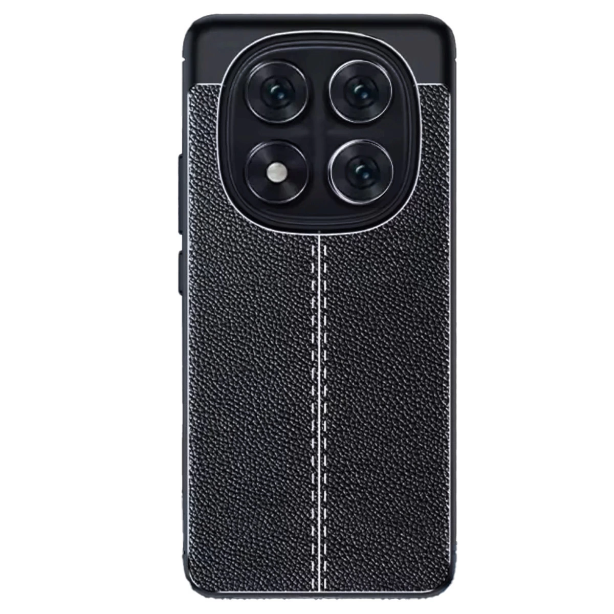 Dört kamera lensli siyah deri telefon kılıfının arkası.