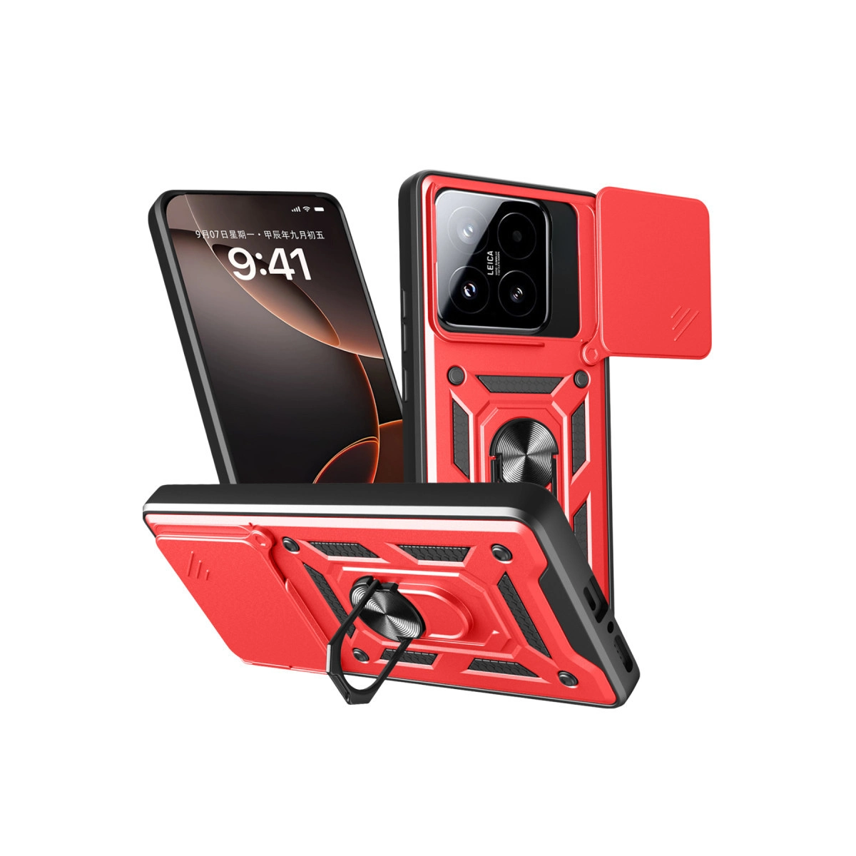Halka tutuculu ve kamera kapaklı kırmızı telefon kılıfı, akıllı telefonun yanında.