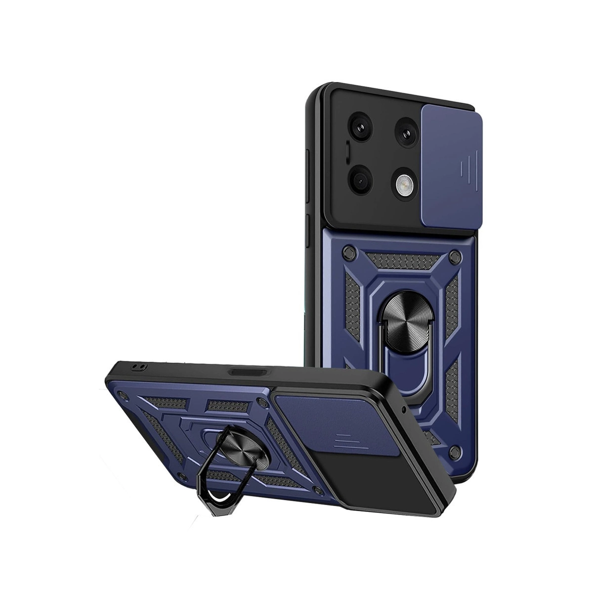 Kamera korumalı ve halka tutuculu iki koyu mavi telefon kılıfı gösterilmektedir.