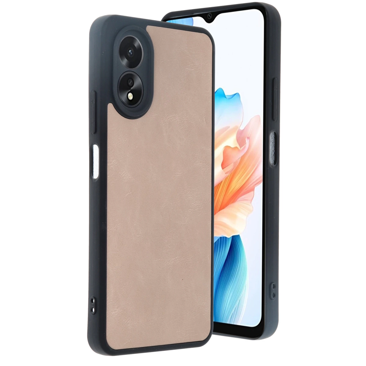 Arkada iki kamerası olan siyah çerçeveli bej telefon kılıfı.
