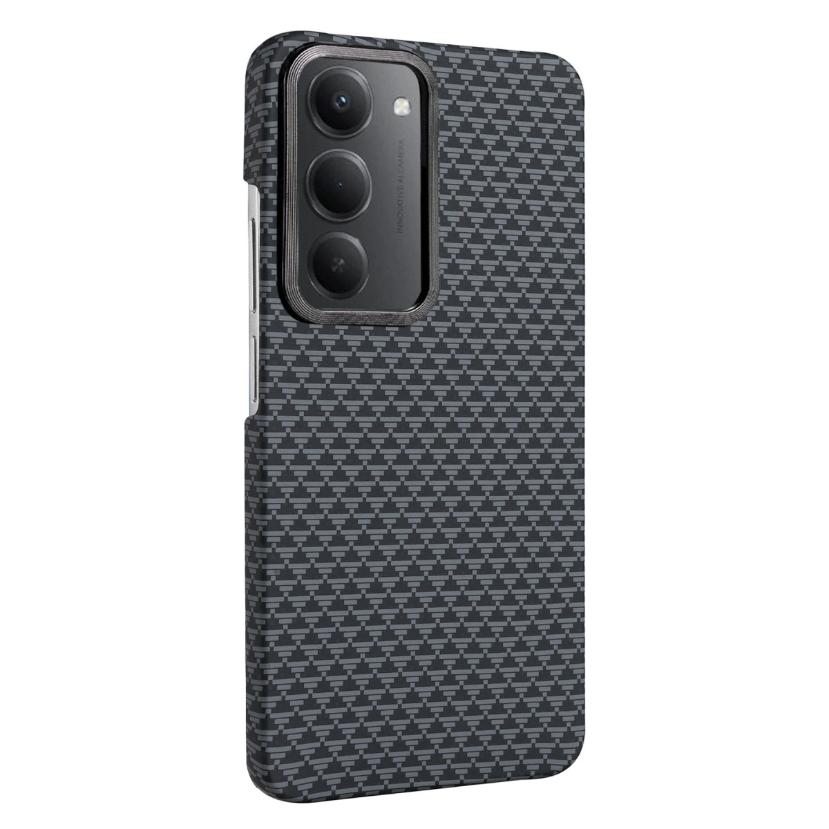 Siyah karbon fiber desenli, üç lensli koyu gri telefon kılıfı.