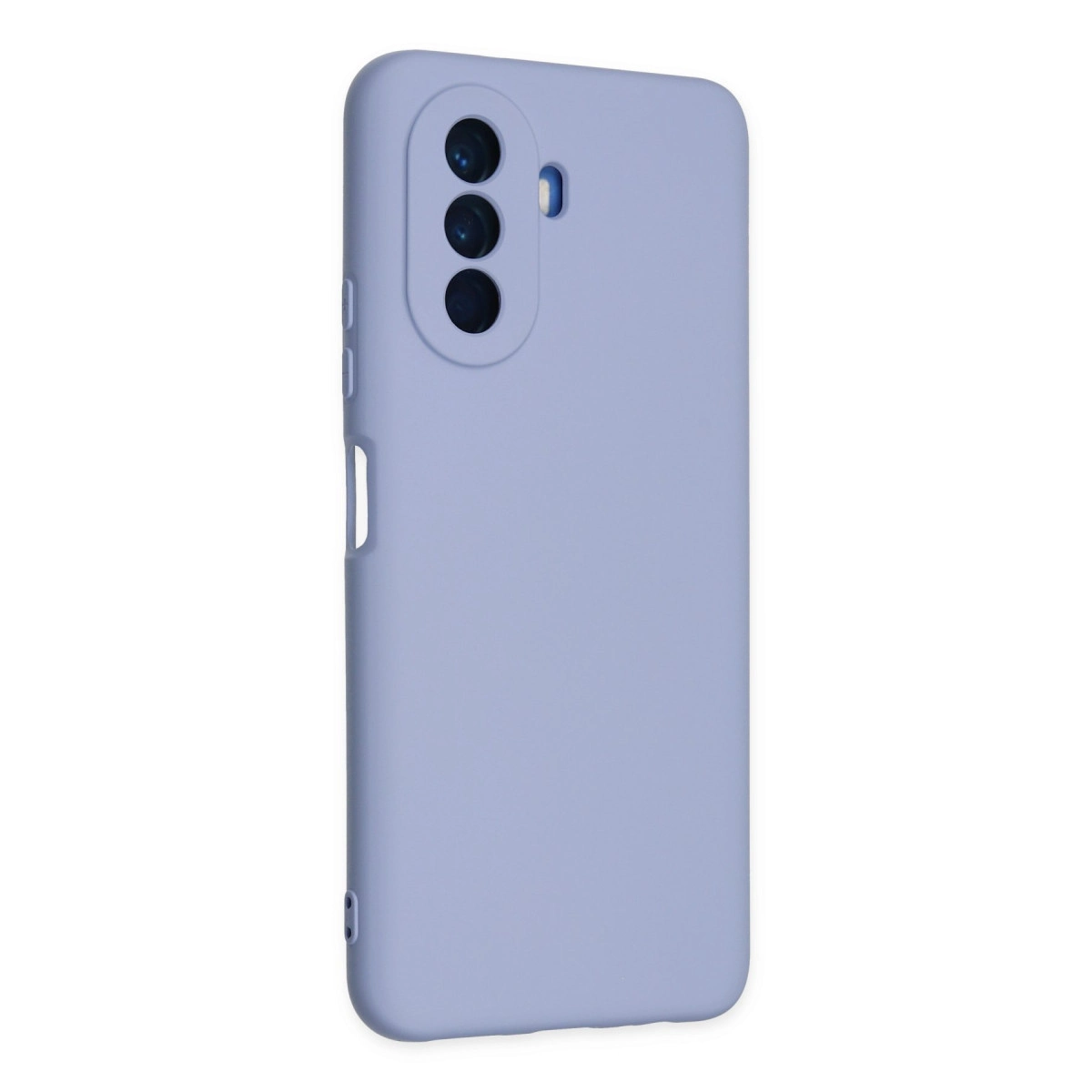 Üçlü kamera lensi kesimli, yan düğmeli, lavanta rengi telefon kılıfı.