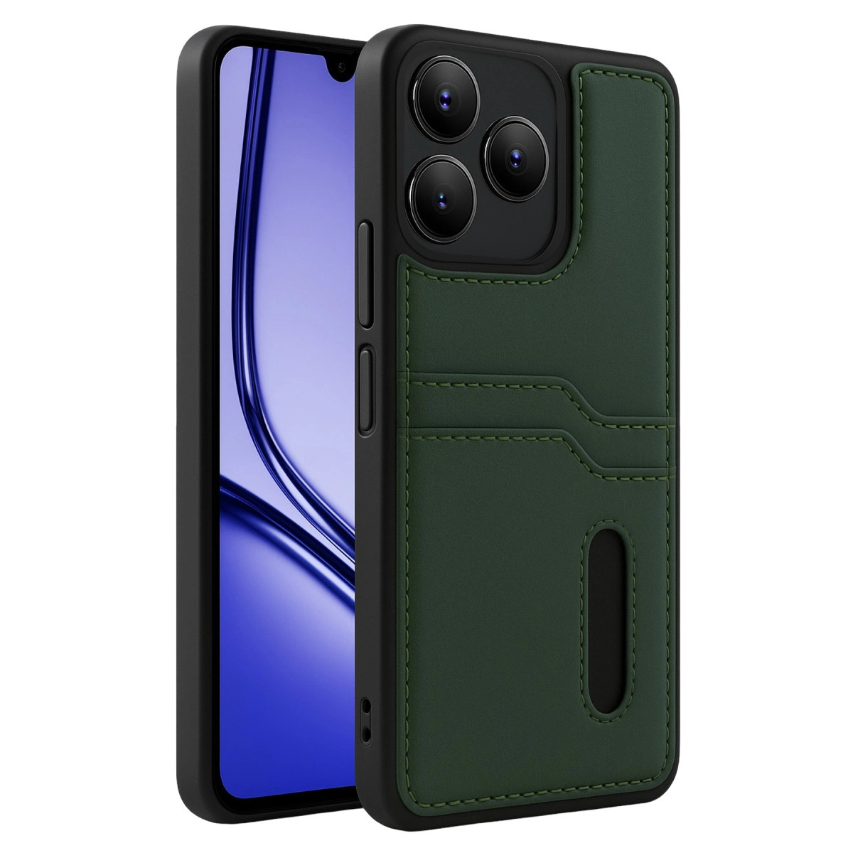 Kart yuvalı ve üç kamera lensli koyu yeşil telefon kılıfı.