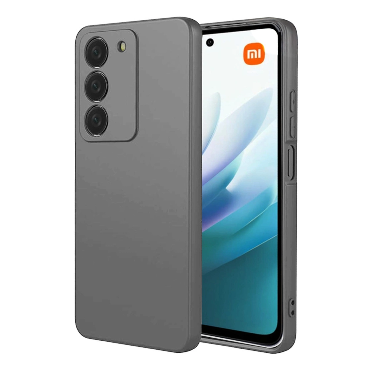 Arkada üç kamerası olan gri telefon kılıfı, yanında Xiaomi logolu akıllı telefon.