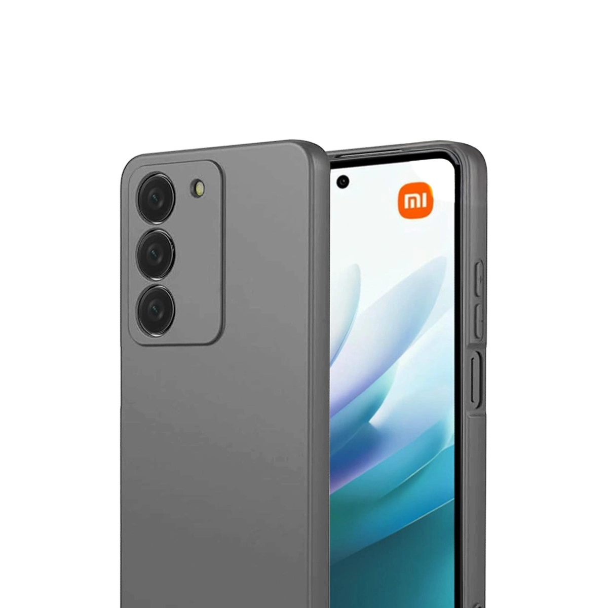 Üç kameralı gri akıllı telefon, Xiaomi logolu beyaz ekran.