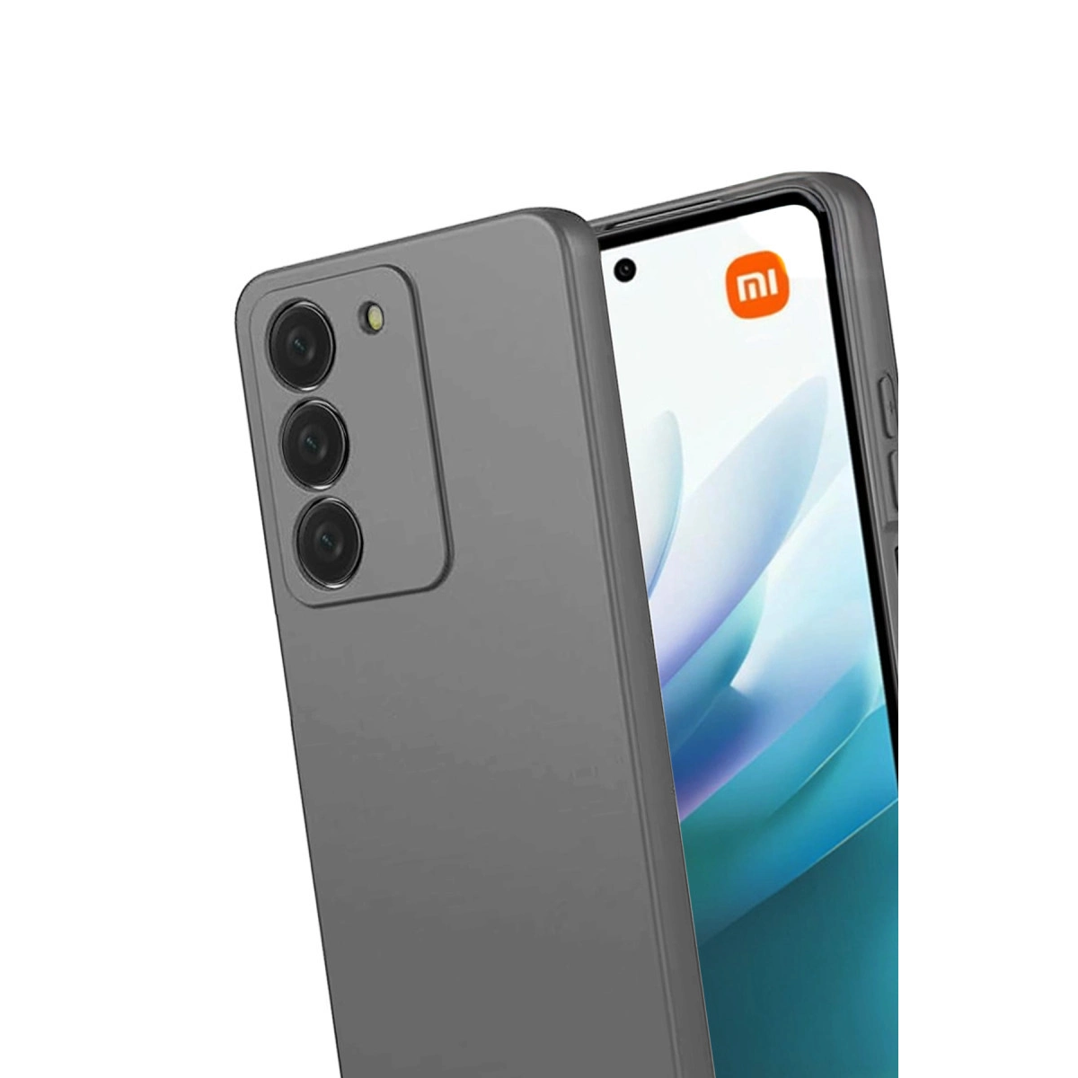 Üç kameralı gri akıllı telefon, ekranda Xiaomi logosu.