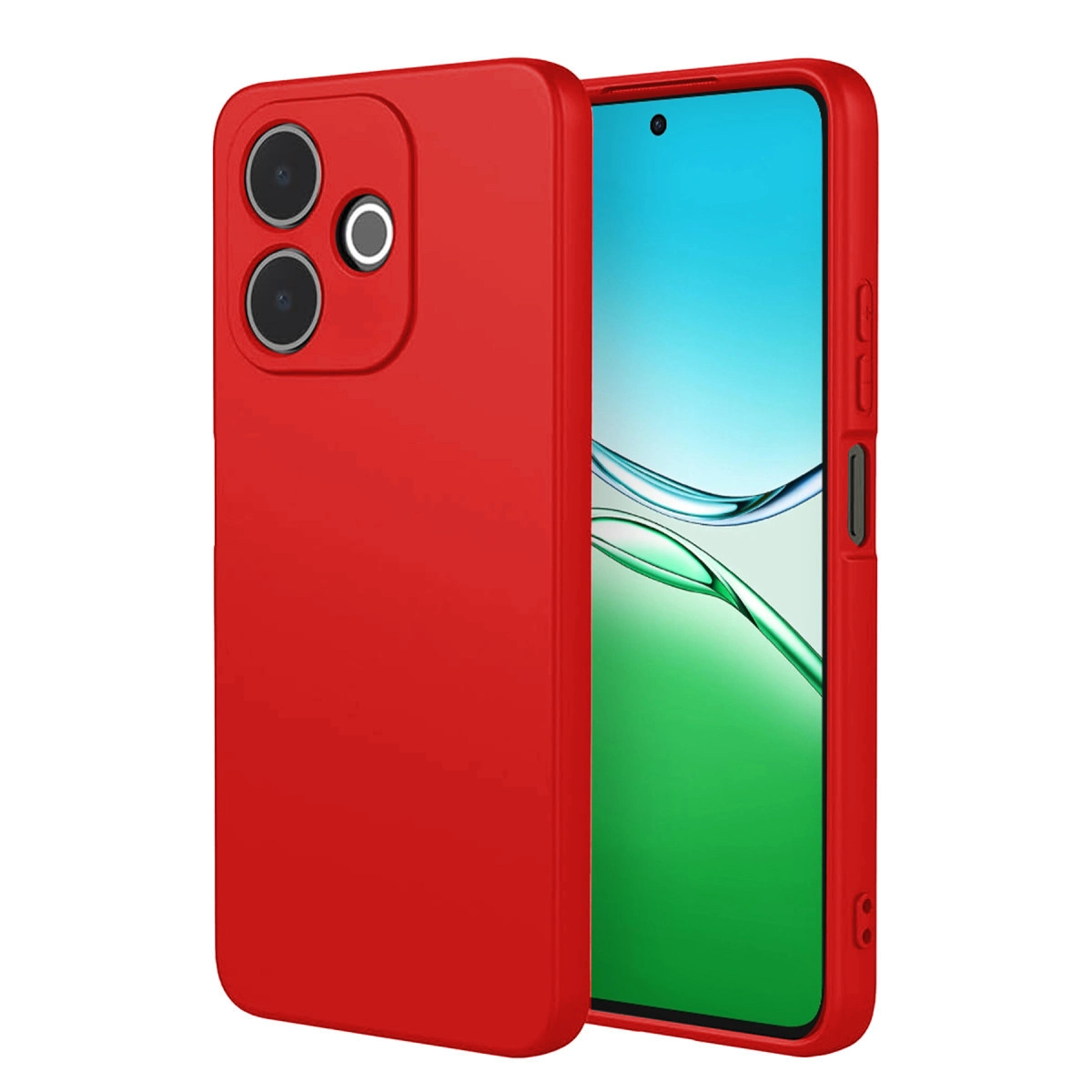 Arkada üç kamerası ve ekranı olan kırmızı telefon kılıfı.