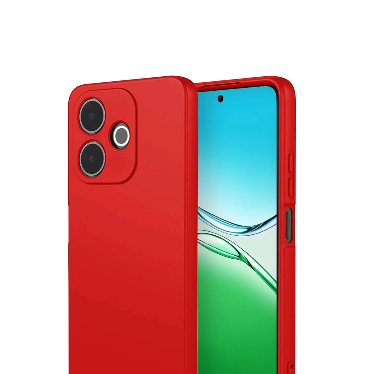 Kamera oyuntulu ve ekranı açık kırmızı telefon kılıfı.
