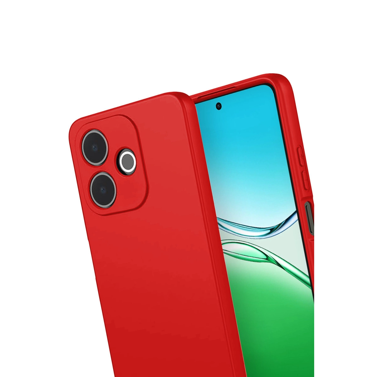 Üç kameralı kırmızı akıllı telefon. Ekran soyut bir grafik gösteriyor.