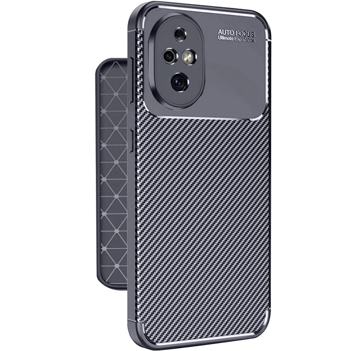 Karbon fiber desenli ve kamera kesimli koyu gri telefon kılıfı.