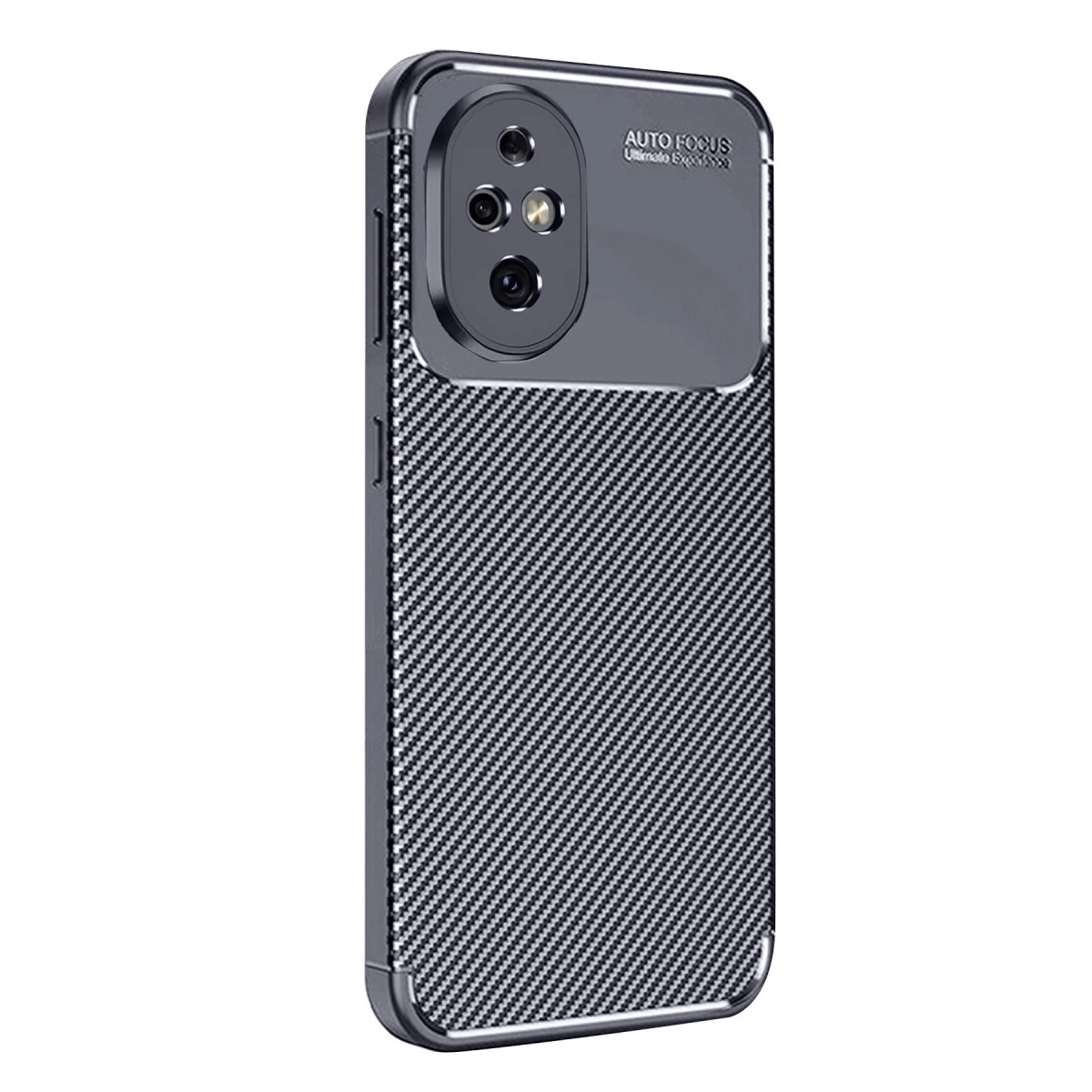 Karbon fiber desenli ve üçlü kamera oyuklu siyah telefon kılıfı.