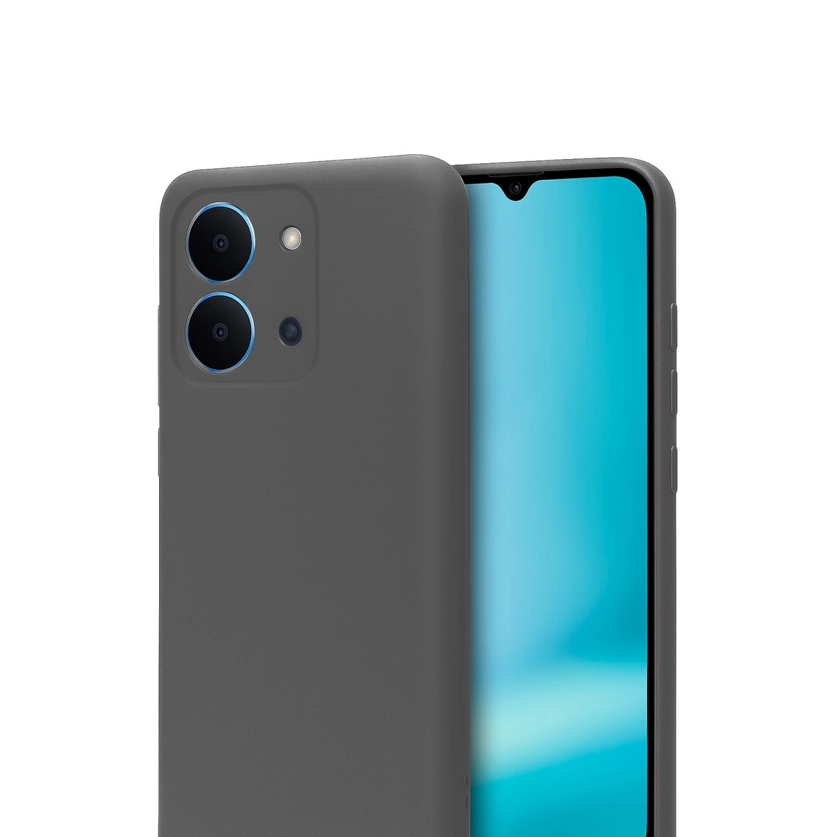 İki kamera lensli, parlak mavi ekranlı koyu gri telefon kılıfı.