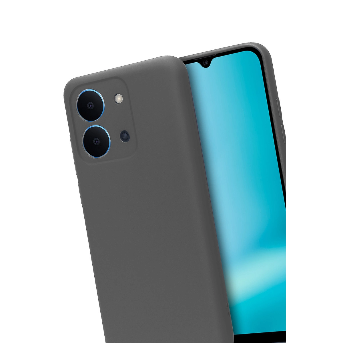 İki kameralı koyu gri telefon kılıfı ve parlak mavi ekran.
