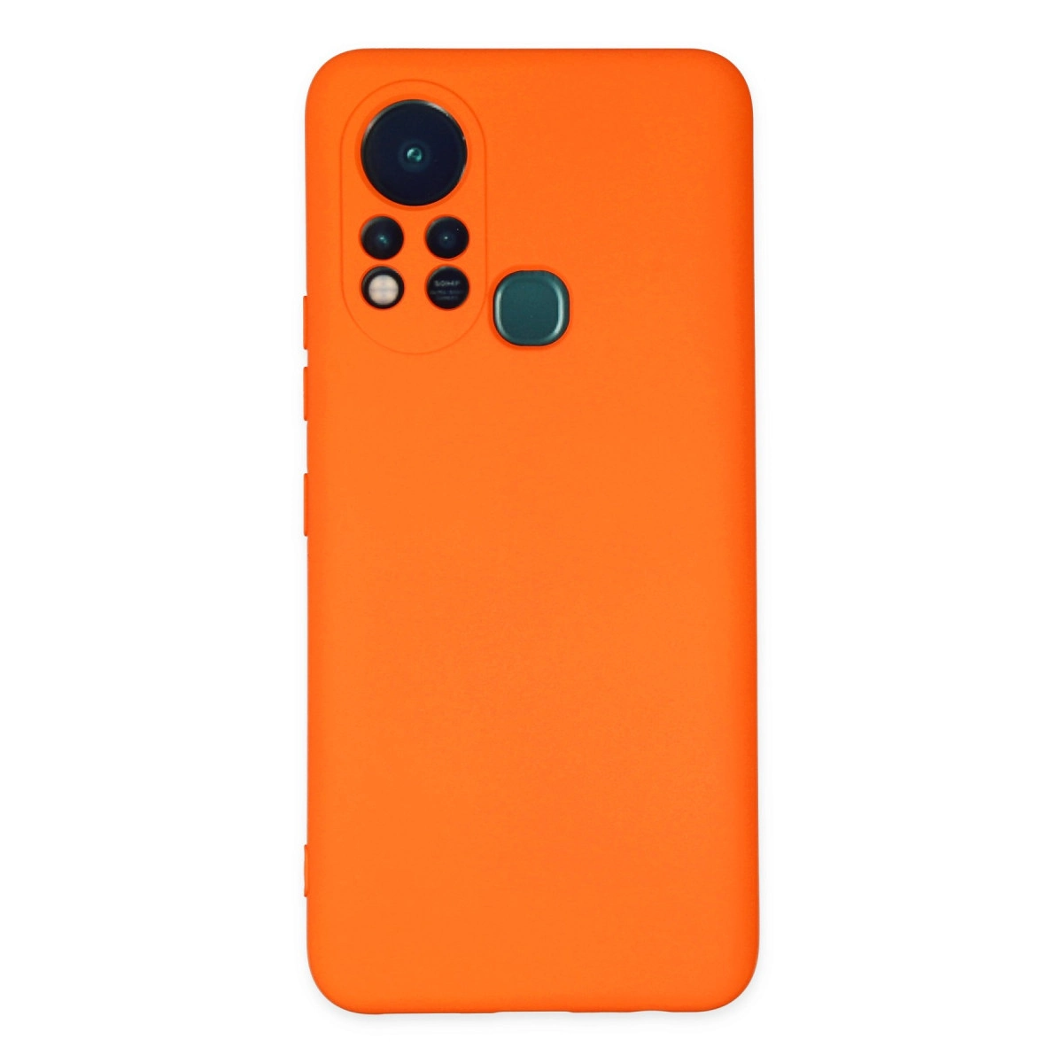 Kamera ve parmak izi sensörlü turuncu telefon kılıfı.