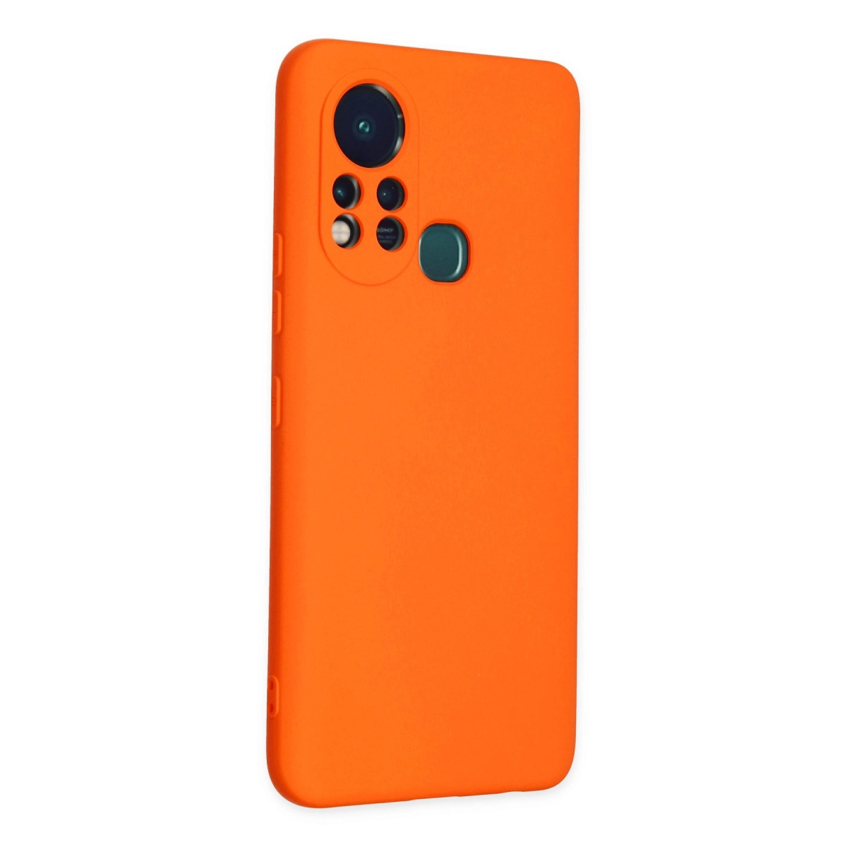Turuncu telefon kılıfı, arkasında kamera modülü ve flaşı var.