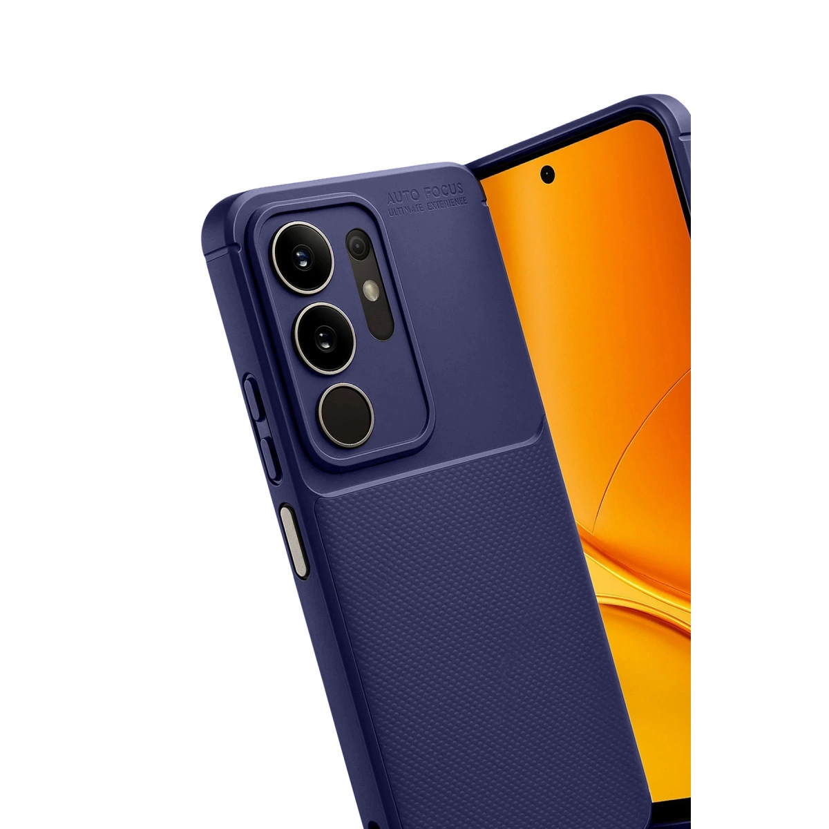 Dokulu tutuşlu ve üçlü kamera kesimli lacivert telefon kılıfı.