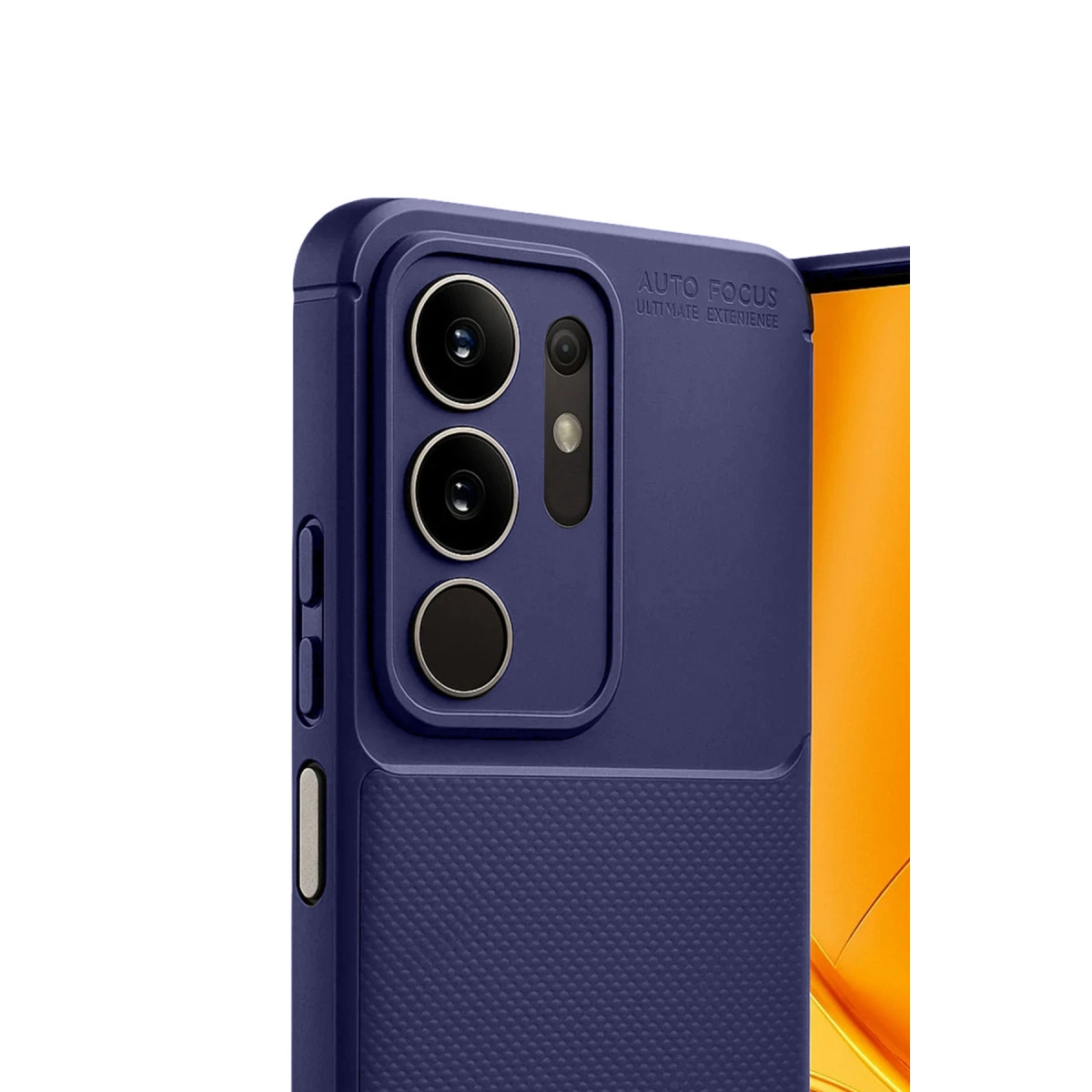 Üç kameralı koyu mavi telefon kılıfı ve yazı.