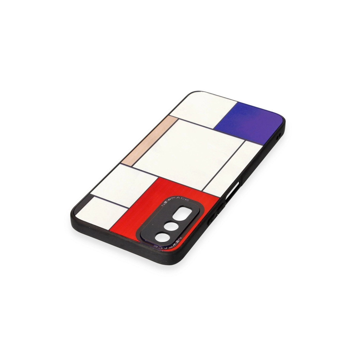 Kırmızı, mavi ve beyaz geometrik tasarımlı telefon kılıfı.