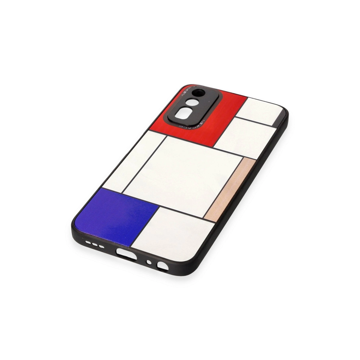 Mondrian desenli telefon kılıfı: kırmızı, mavi, beyaz, siyah ve bej dikdörtgenler.