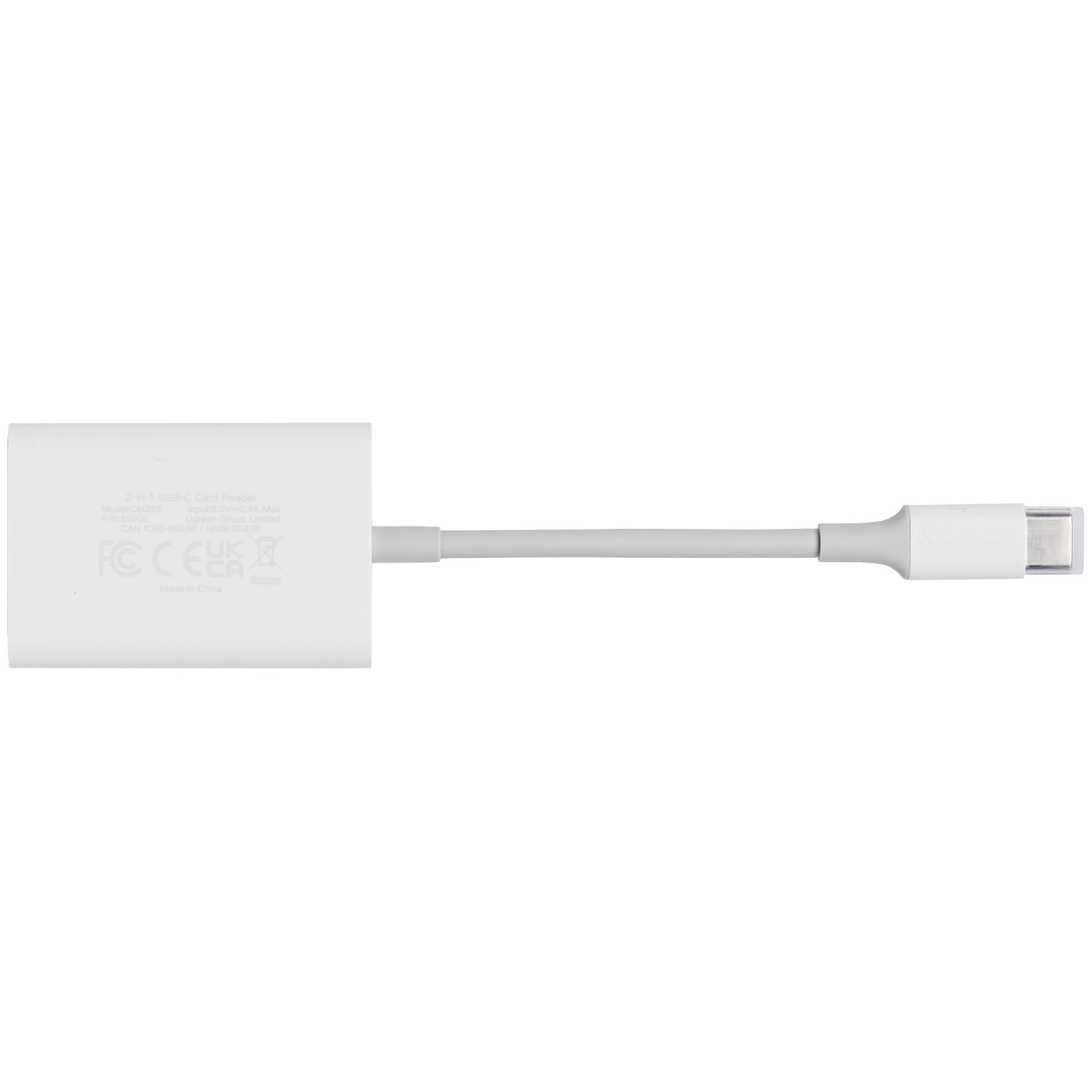 Biały czytnik kart USB-C z szarym kablem i złączem USB-C.