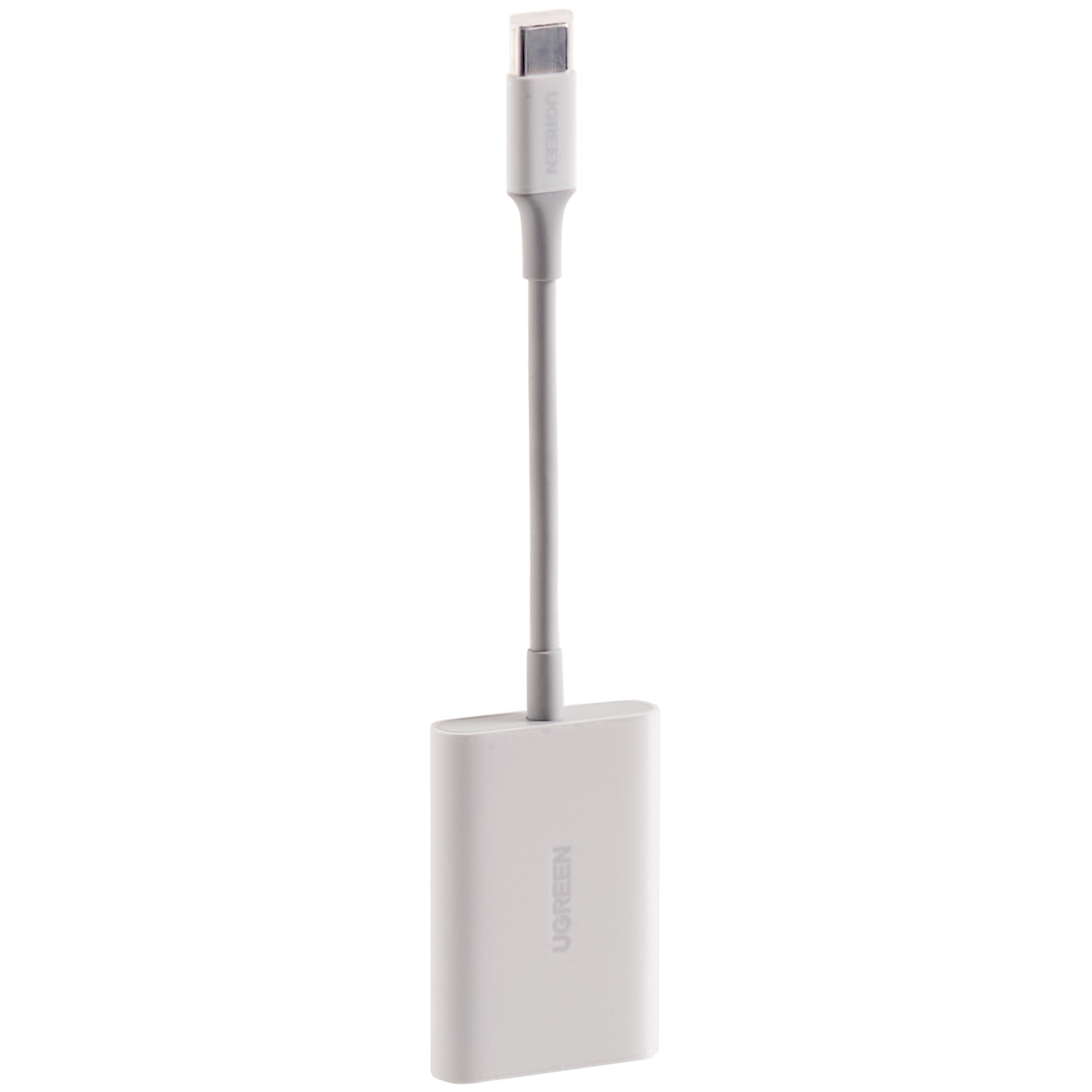 Biały adapter USB-C z szarym kablem i złączem. Logo UGREEN na obudowie.