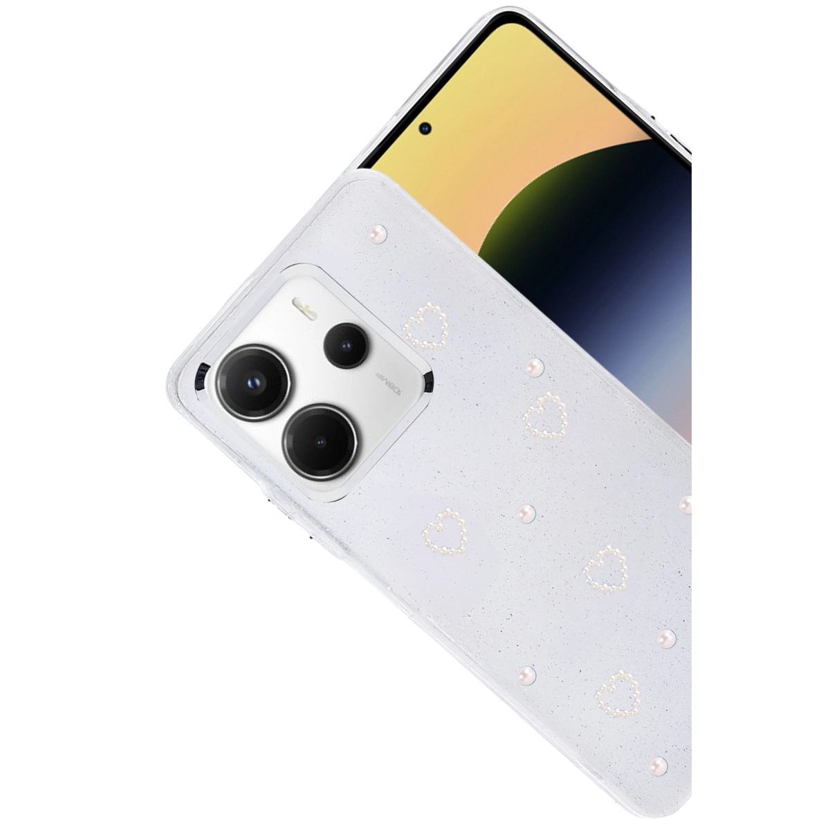 Kalp ve inci detaylı beyaz telefon, kamera modülü görünüyor.