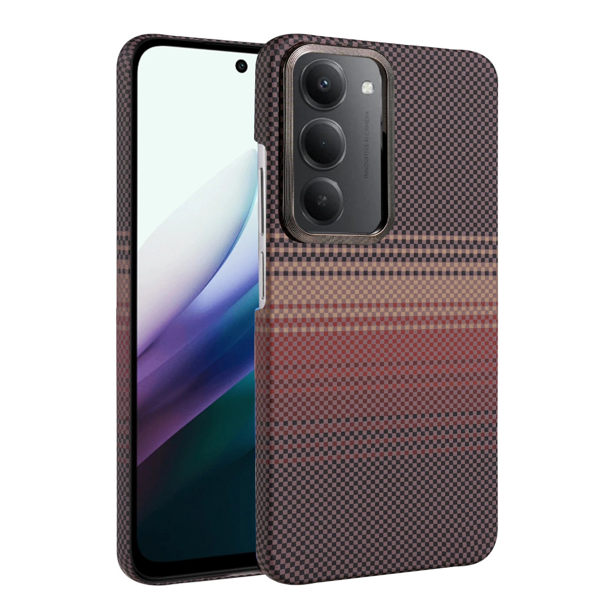 Kareli kırmızı ve kahverengi kılıflı akıllı telefon. Görünür kamera lens ünitesi.