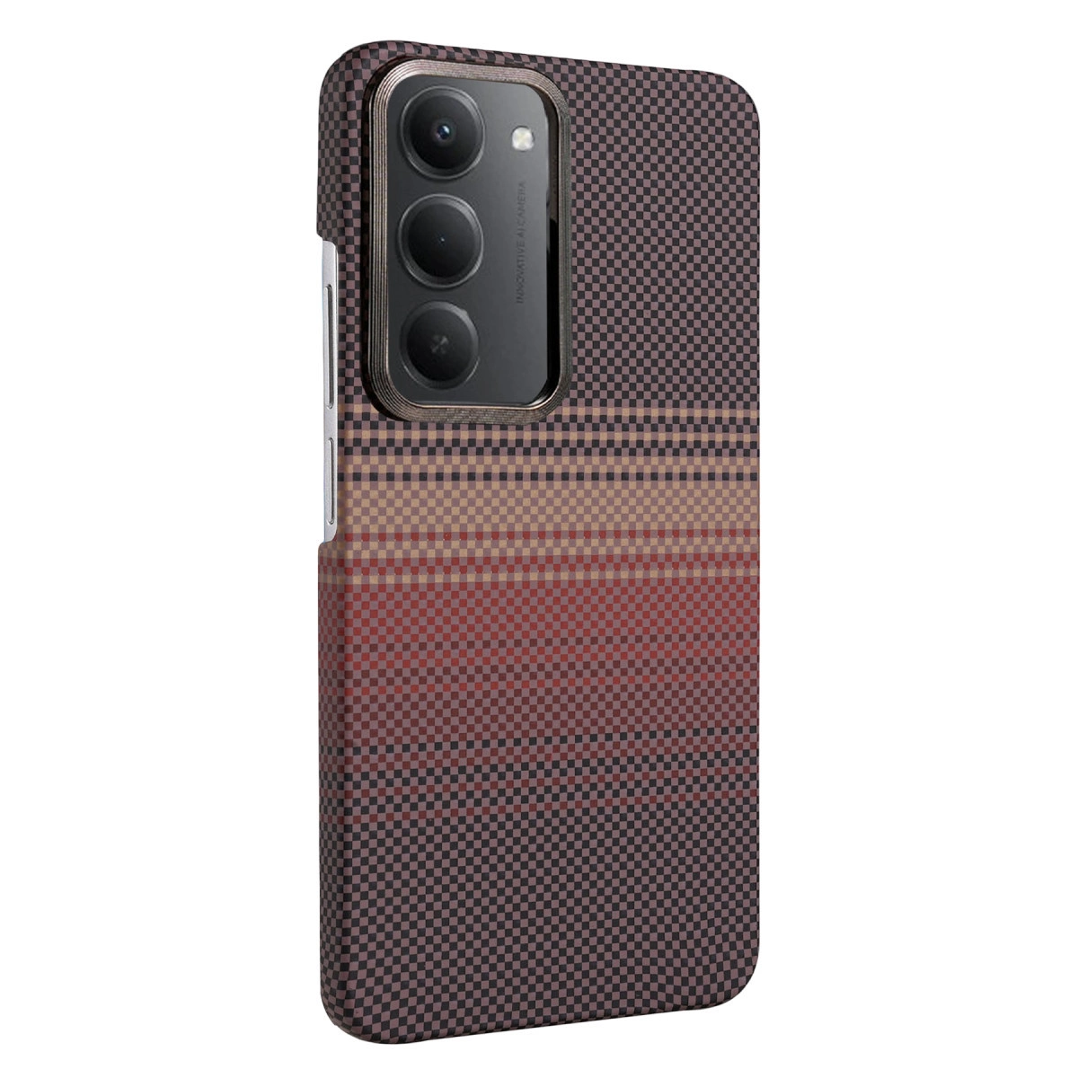 Kareli desenli, kırmızı ve kahverengi tonlarında, kamera modülüne sahip telefon kılıfı.
