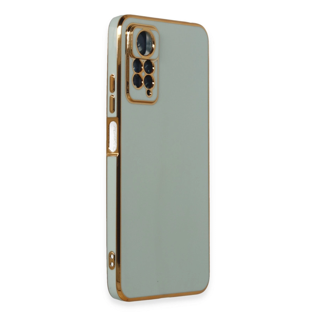 Altın çerçeveli, açık yeşil telefon kılıfı ve kamera lens yuvası.