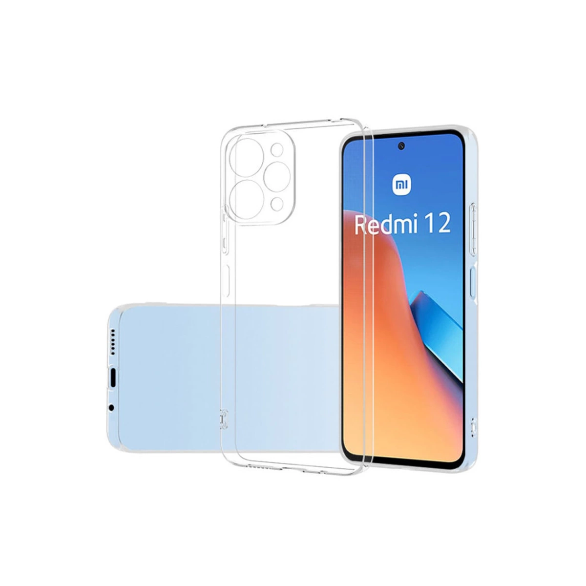 Şeffaf telefon kılıfı mavi bir akıllı telefonun yanında.
