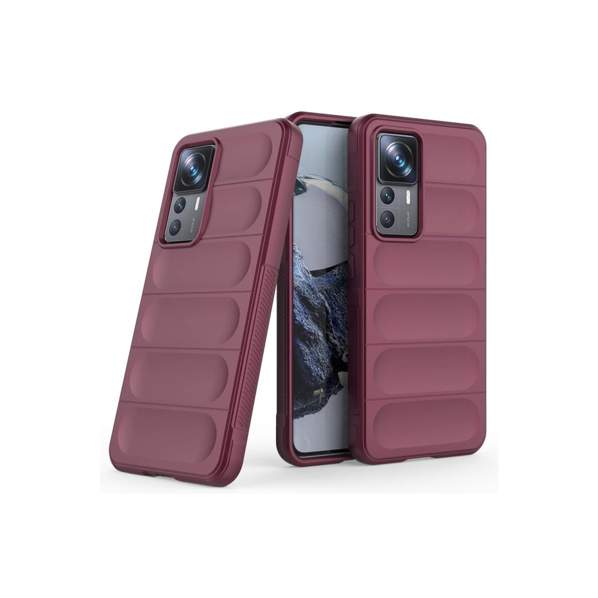 Yatay çıkıntılı iki bordo telefon kılıfı, biri telefonda.