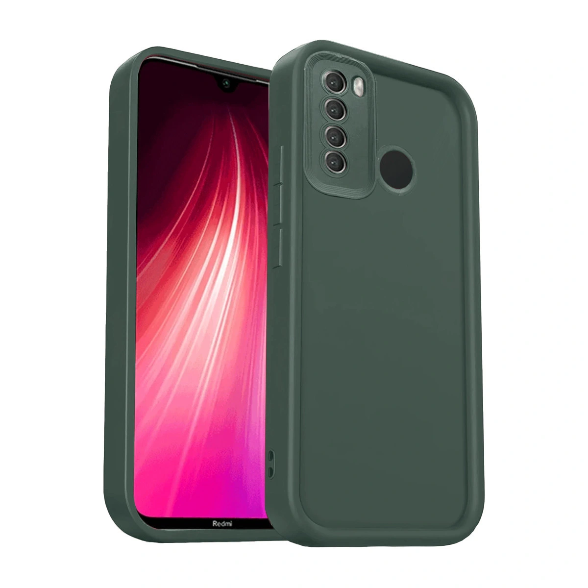 Dört kameralı ve parmak izi sensörlü koyu yeşil telefon kılıfı.