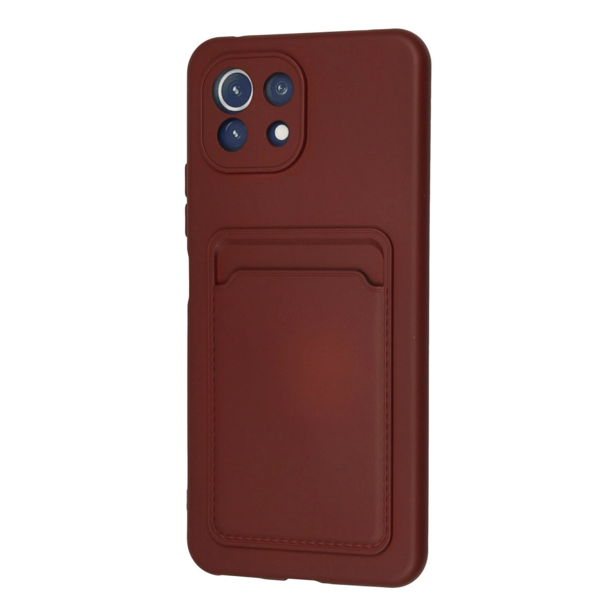 Kart yuvalı ve kamera modüllü koyu kırmızı telefon kılıfı.