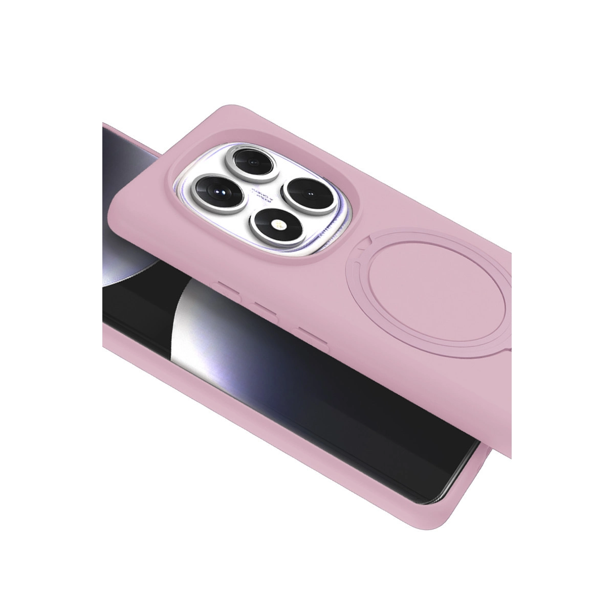 Halka tutuculu ve dört kamera lensli pembe telefon kılıfı. Beyaz arka plan.