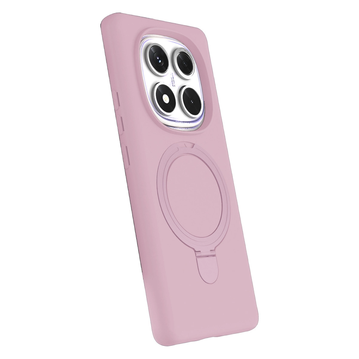 Dört kamera lensi ve entegre halka tutuculu pembe telefon kılıfı.