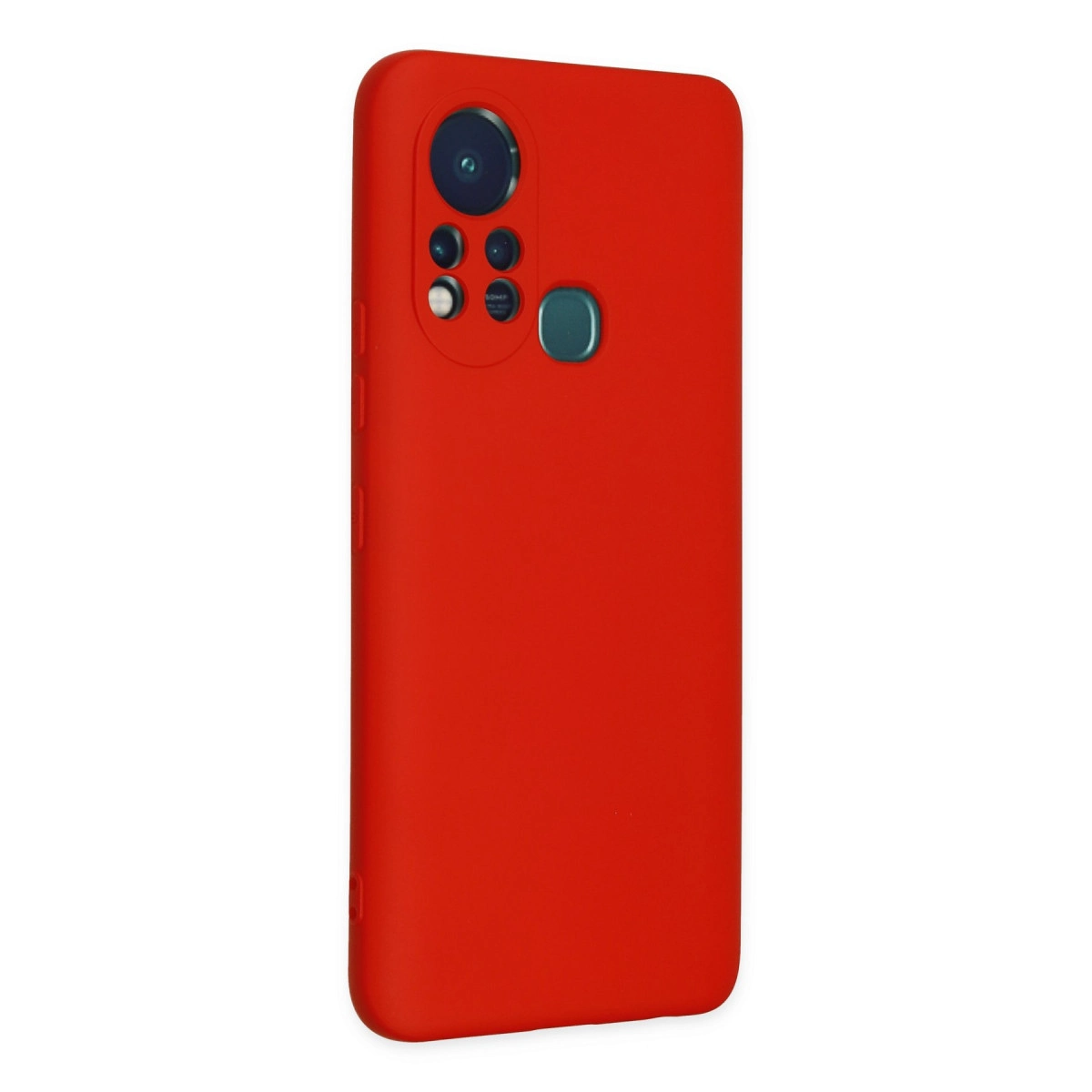 Arkada kamera modülü ve parmak izi sensörü bulunan kırmızı telefon kılıfı.