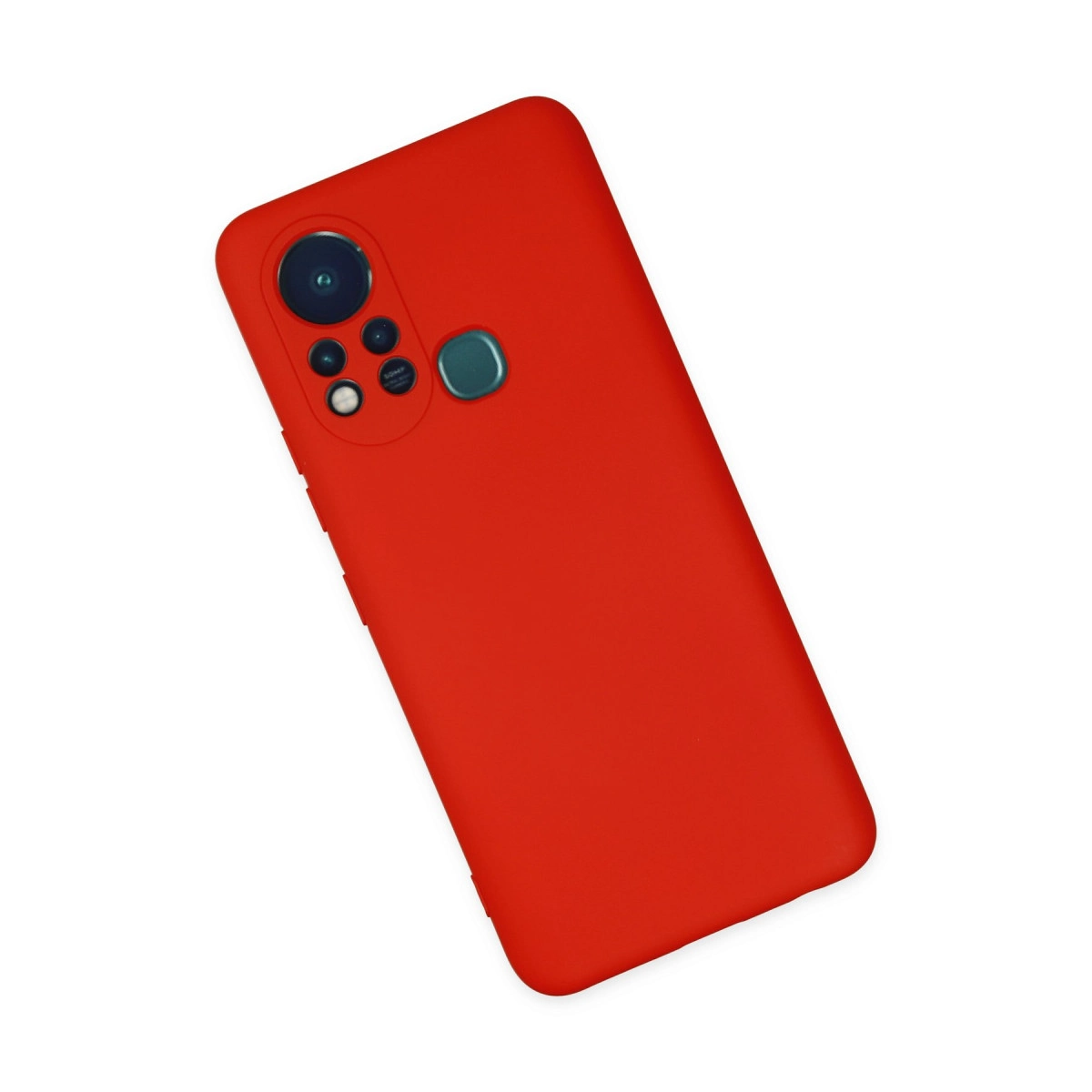 Arkada kamera ve flaş modülü bulunan kırmızı telefon kılıfı.