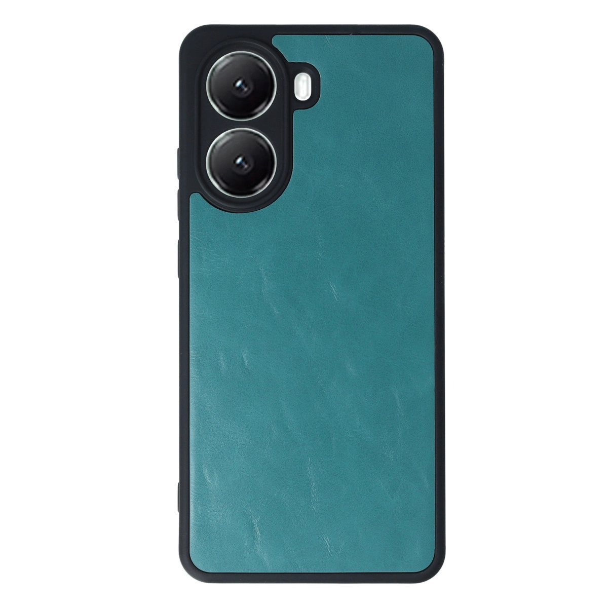 Teal rengi telefon kılıfı, siyah çerçeveli ve çift kamera kesimli, beyaz arka plan.