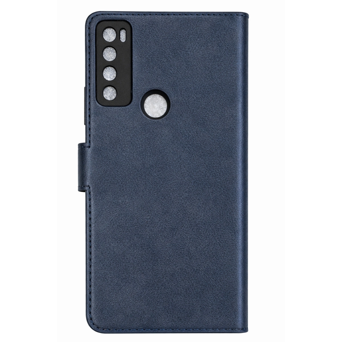 Kamera adası ve parmak izi sensörlü lacivert telefon kılıfı.