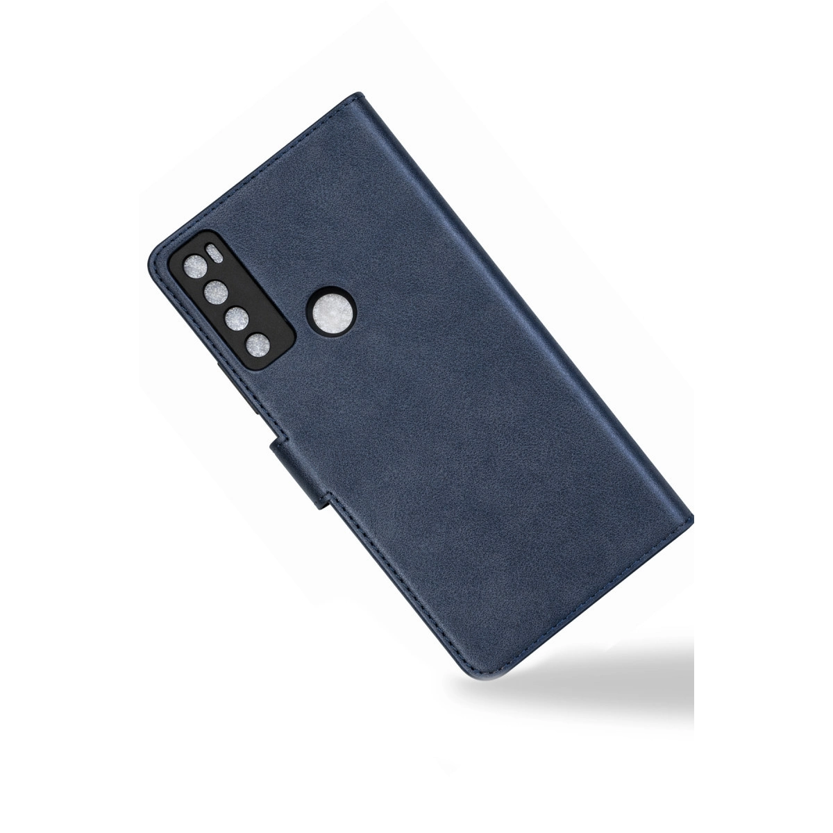 Dört kameralı ve parmak izi sensörlü lacivert telefon kılıfı.