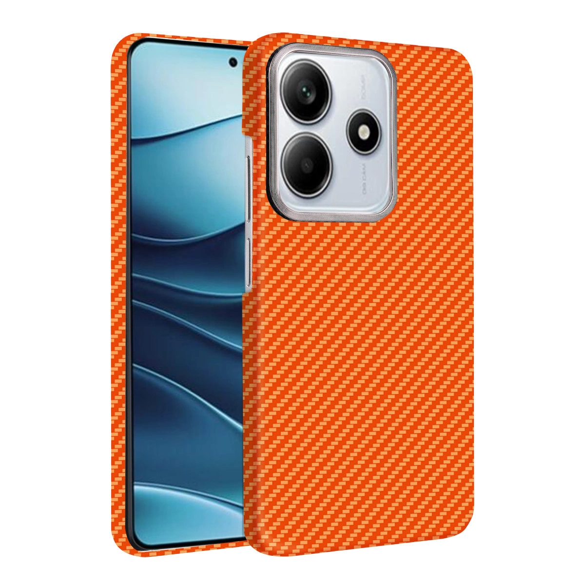Karbon desenli turuncu telefon kılıfı ve kamera.