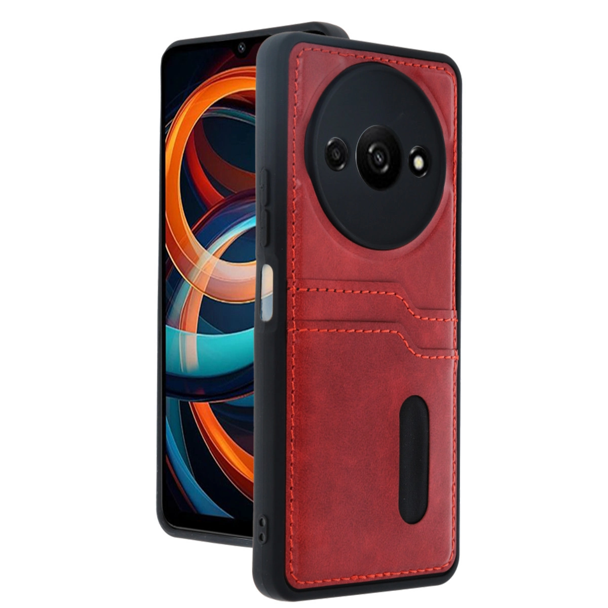 Kırmızı telefon kılıfı, kart yuvaları ve dairesel kamera modülü açıklığı.