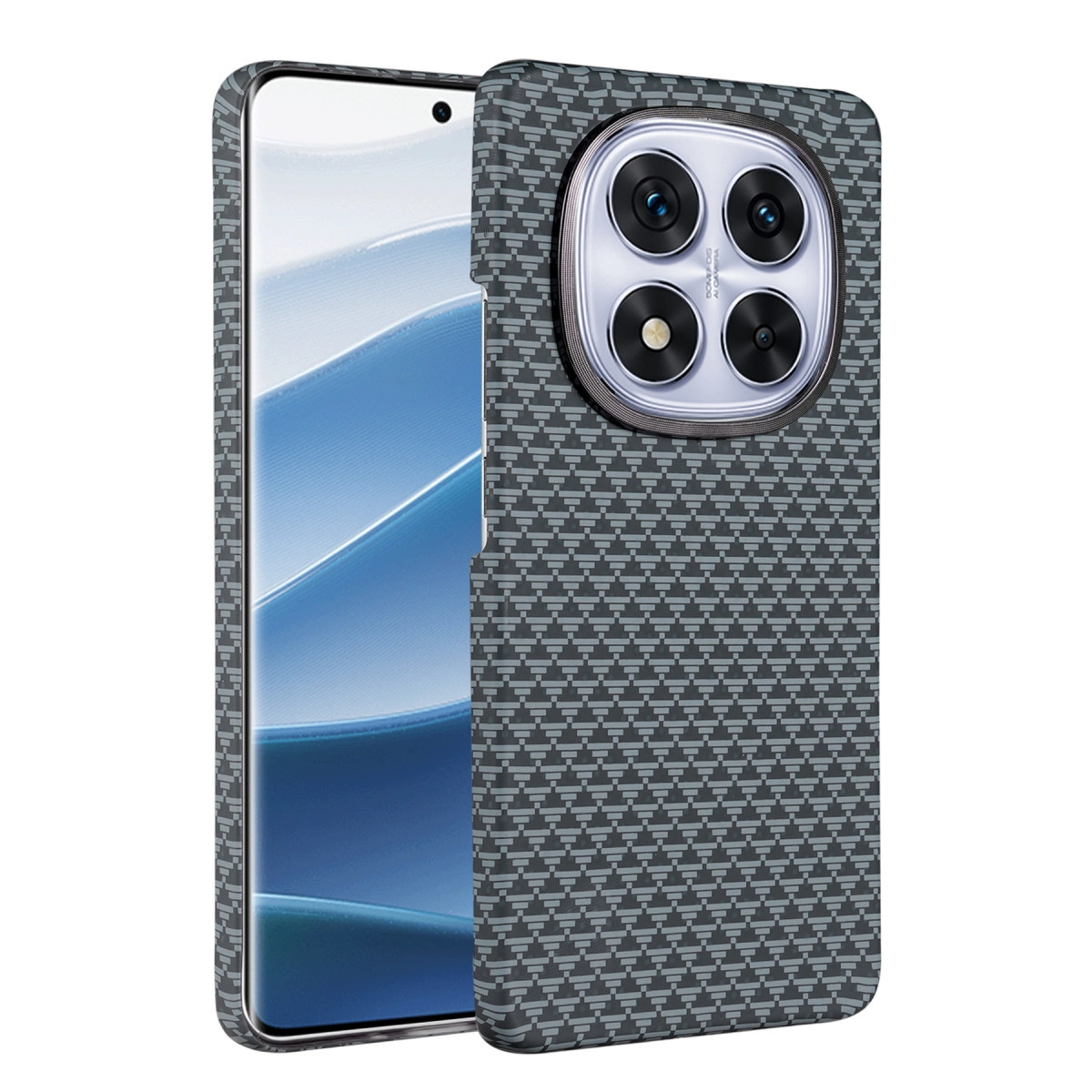 Karbon fiber desenli kılıflı ve dörtlü kamera sistemli koyu gri telefon.