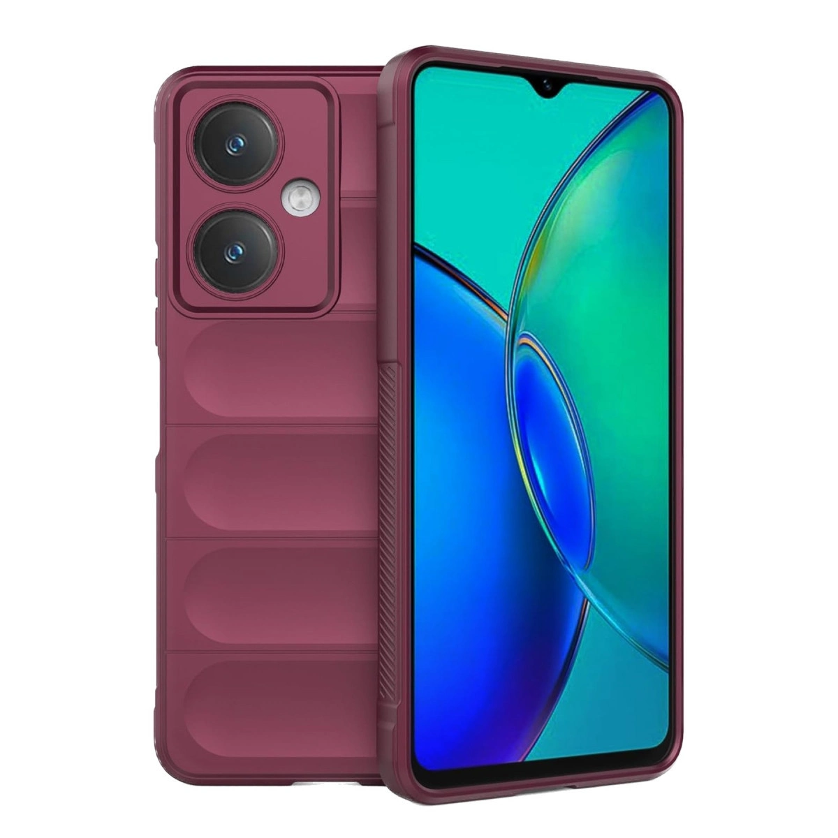 Arka kamerası ve ekrandaki mavi-yeşil duvar kağıdı ile bordo bir telefon.