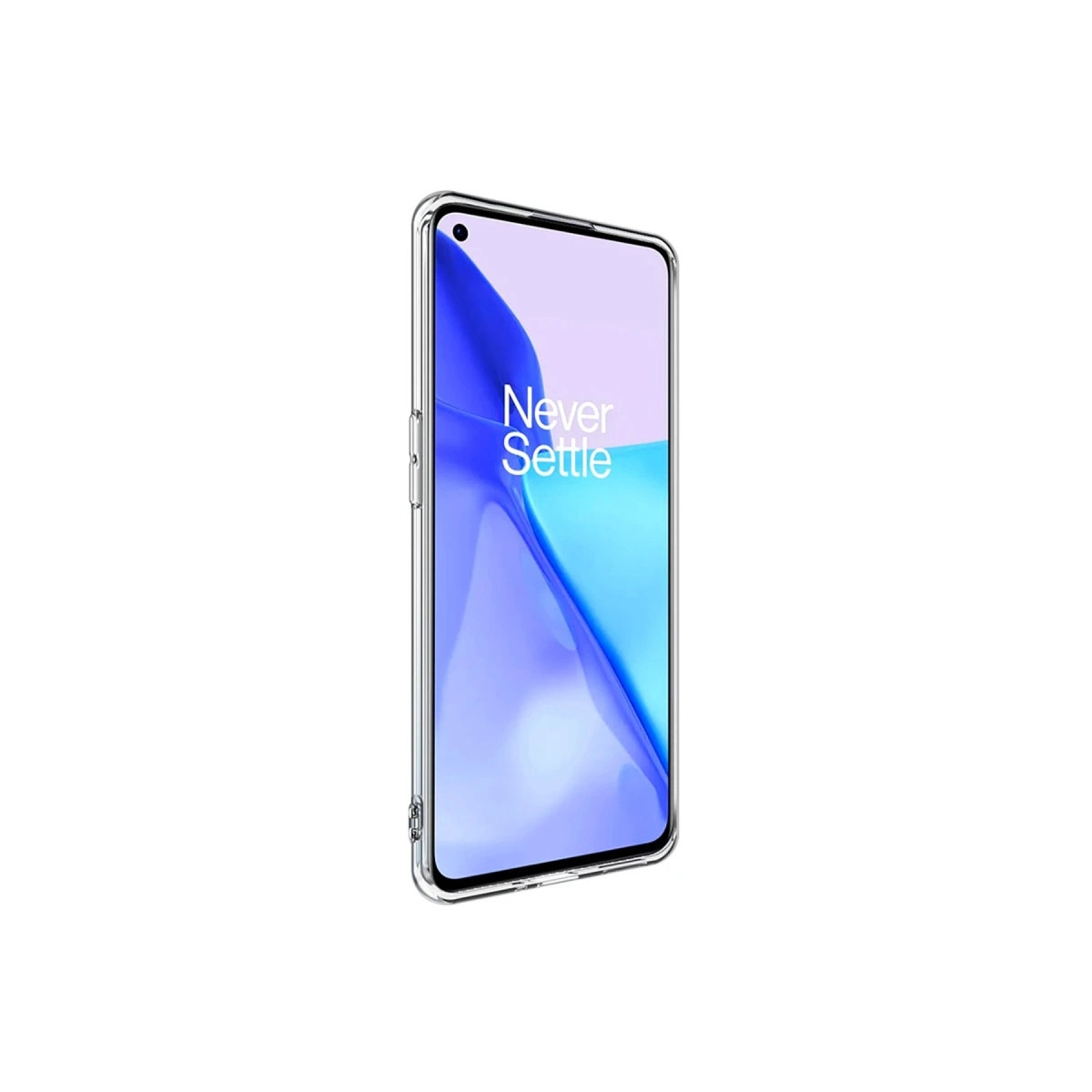 Şeffaf telefon kılıfı, ekranında 'Never Settle' yazan bir akıllı telefonu gösteriyor.