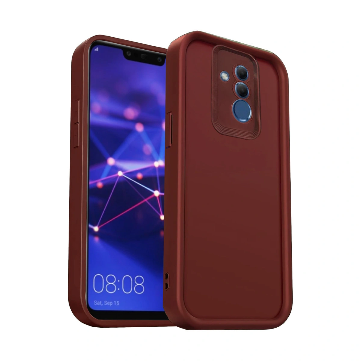 Arkada üçlü kamera kurulumuna sahip bordo rengi bir akıllı telefon.