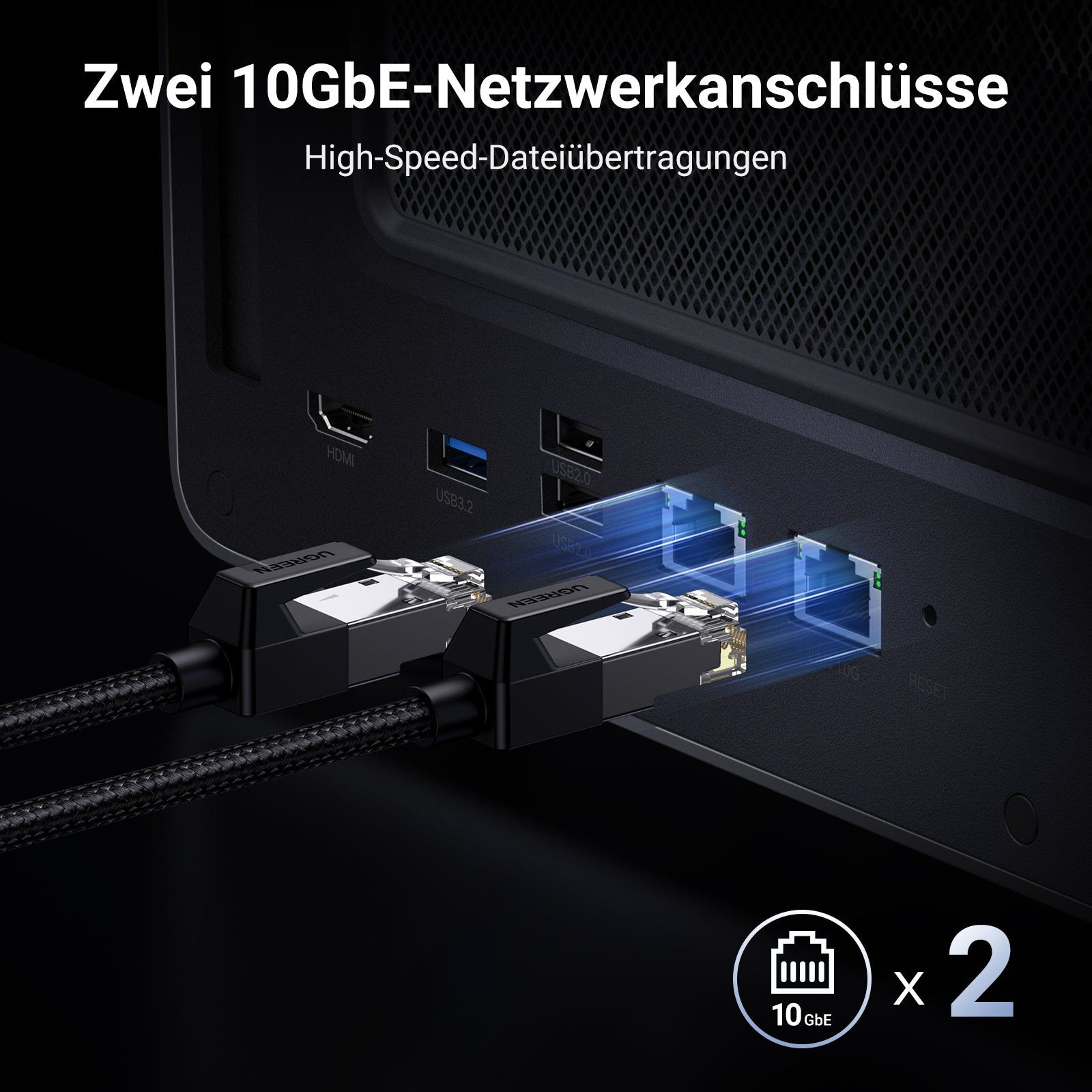 Dwa kable sieciowe 10GbE podłączone do portów czarnego urządzenia. Widoczne porty HDMI i USB.